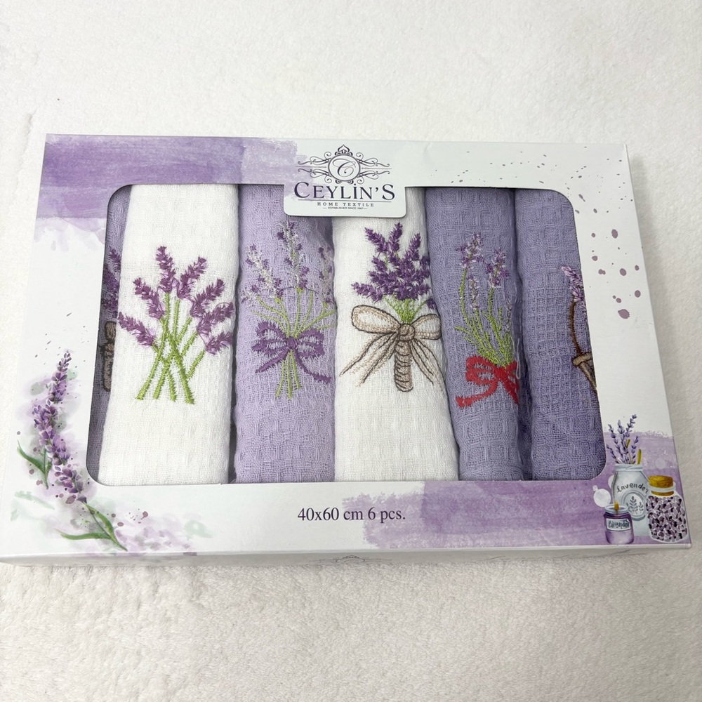 CEYLIN'S Lavender Embroidered Kitchen 6PCS Towel Set‎ - Purple and White NEW